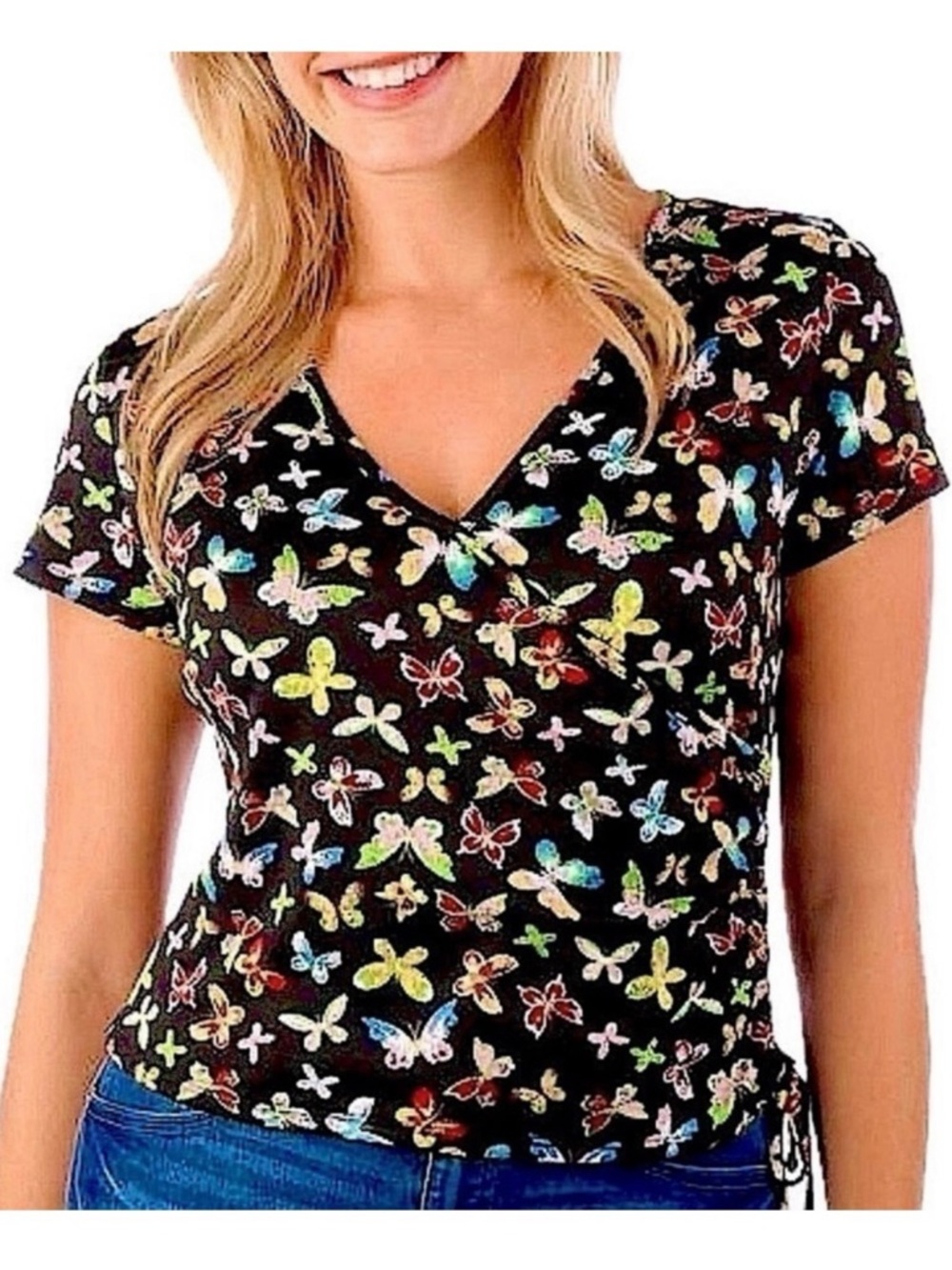 DEREK HEART Butterfly Print Faux Wrap V-Neck Top with Side Ruching